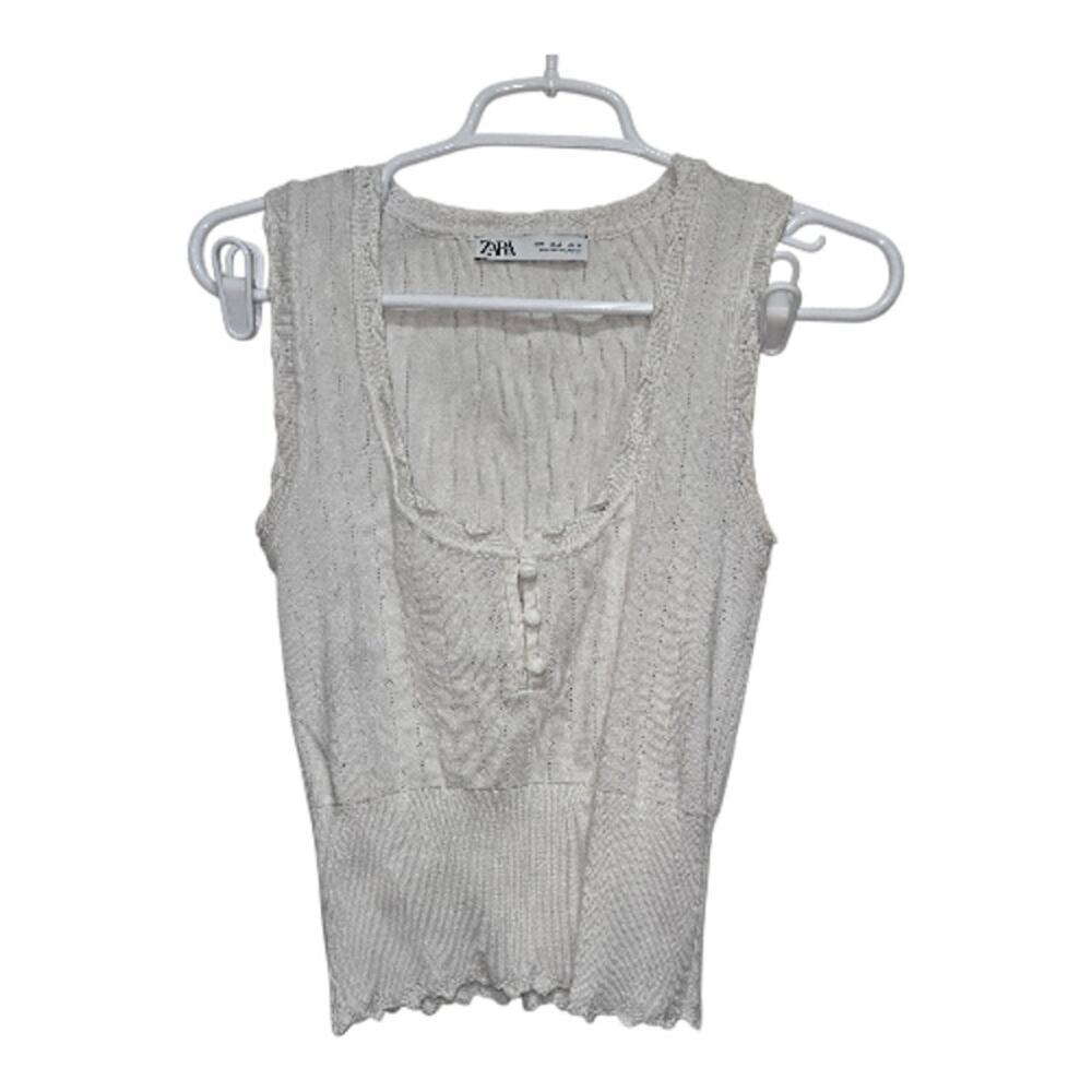 Zara Cream Ribbed Knit Button Tank Top S